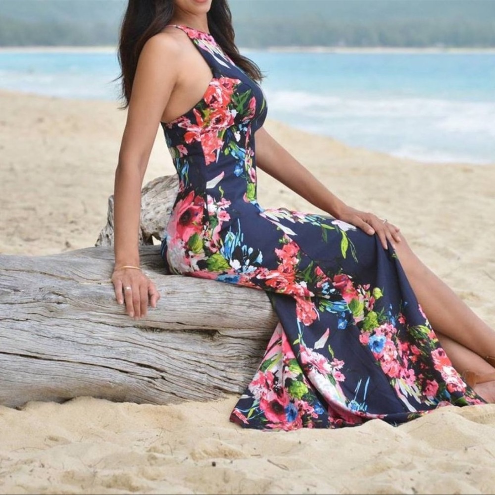 High Neck Halter Top Floral Racerback Side Slit Mermaid Gown